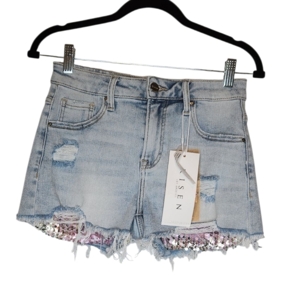 NEW Risen Kayden Distressed Denim Cut Off Shorts Pink Sequin Pockets Size Small - Picture 2 of 8